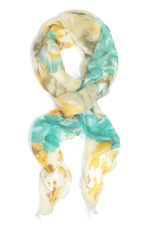 Maxi Scarf in Jade & Yellow Floral on Cream - Headwear by Hairworld